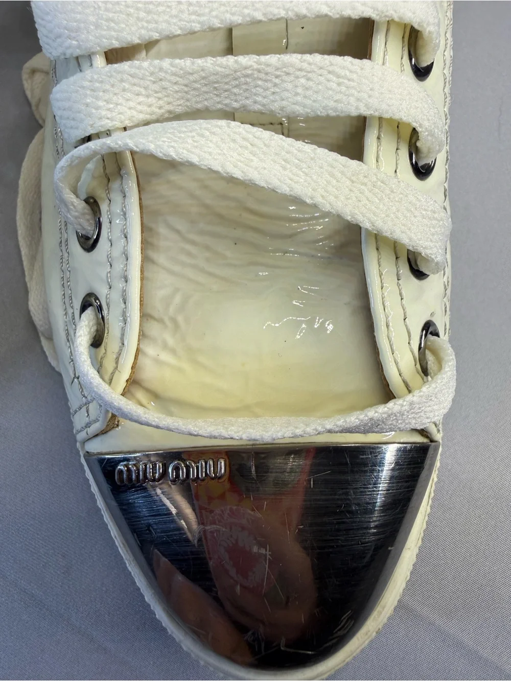Miu Miu Cream Patent Leather Sneakers with Silver Toe Caps